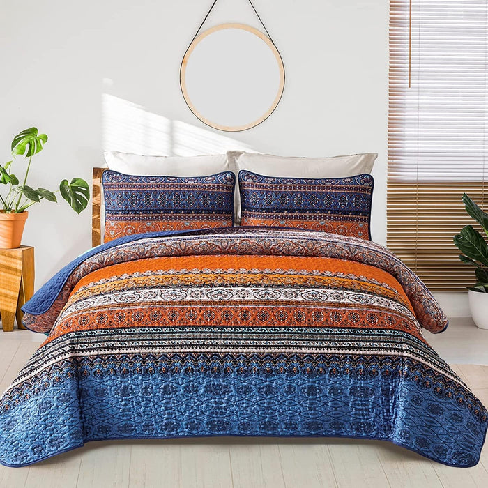 WONGS BEDDING Boho Fall Queen Quilt Set, Brown Bohemian Queen Quilt Bedding Set, Lightweight Microfiber Bed Decor Bedspread for All Season 96"x90"(3 Pieces)