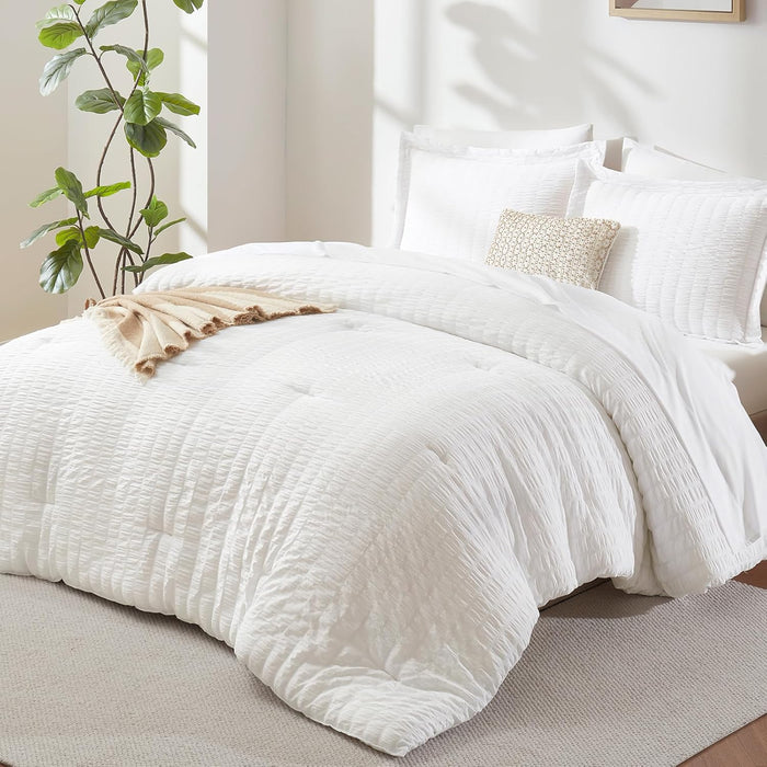 CozyLux Queen Comforter Set White Seersucker 7 Pieces Bed in a Bag Queen Comforter Set with Sheets, Luxury Soft Bedding Set with Down Alternative Comforter, Sheets, Pillowcases & Shams for All Seasons