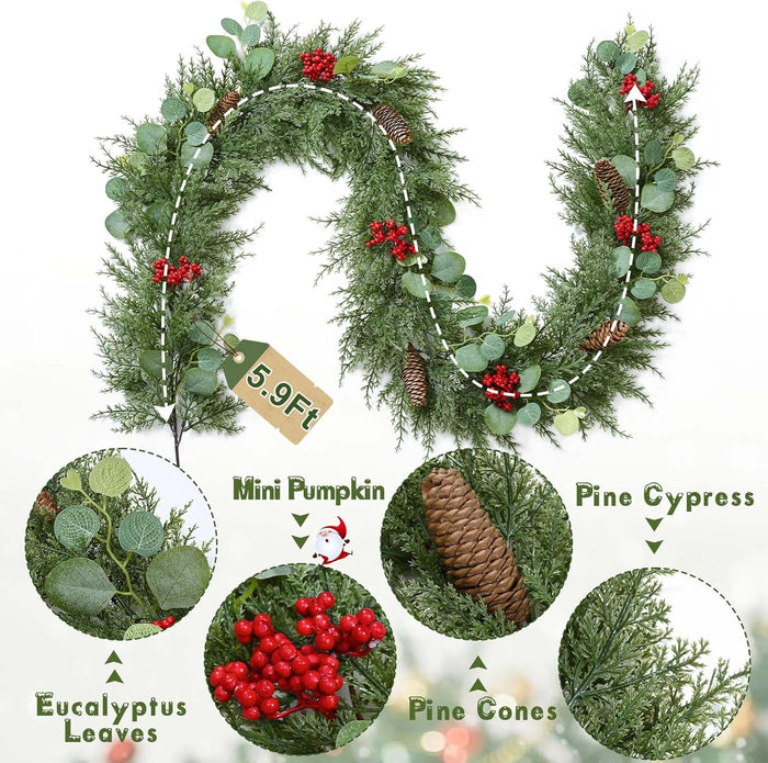 Waipfaru Christmas Decorations, 5.9FT Christmas Garland with Lights, Prelit Lighted Christmas Greenery Cedar Garland Cypress for Home Table Mantel Stair Railing Indoor Outdoor Xmas Decor