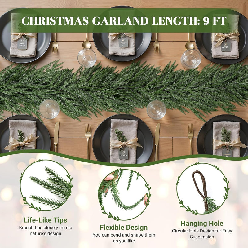 9ft Christmas Garland, Real Touch Norfolk Pine Garland - Pine Garland, Artificial Greenery Christmas Garland for Mantle, Table, Fireplace, Indoor, Outdoor Christmas Decorations