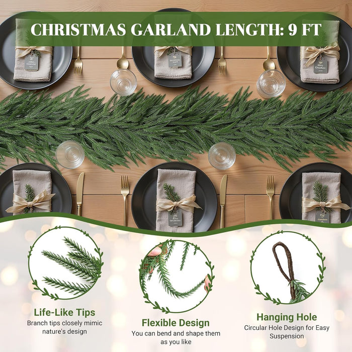 9ft Christmas Garland, Real Touch Norfolk Pine Garland - Pine Garland, Artificial Greenery Christmas Garland for Mantle, Table, Fireplace, Indoor, Outdoor Christmas Decorations
