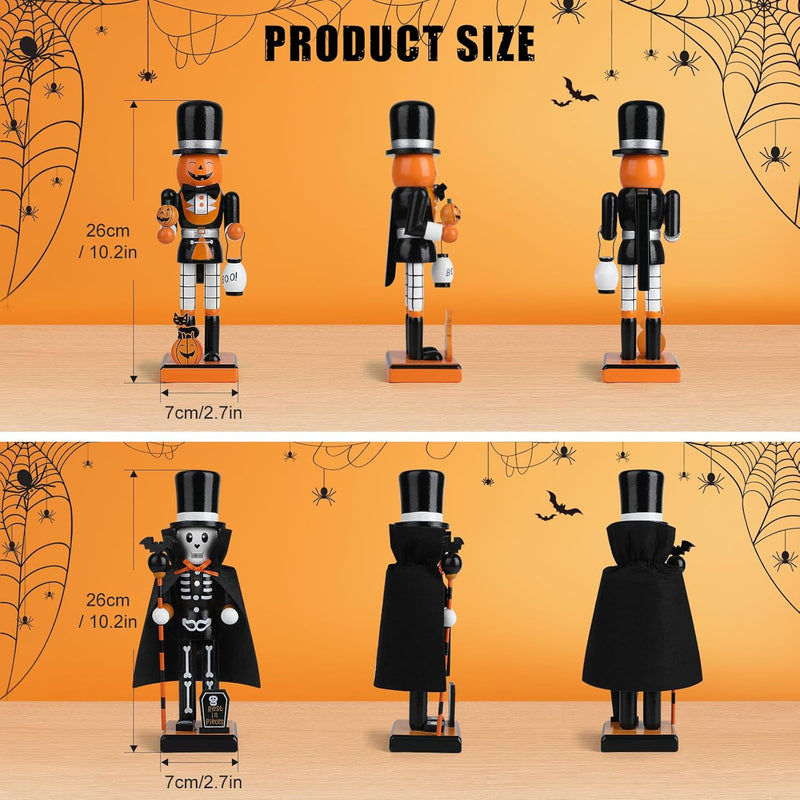 10" Halloween Decorative Nutcrackers, 2 Skeleton, Pumpkin Handmade Wooden Puppet Figures, Collectible Festive Present Figurine Shelves Tables Decorations