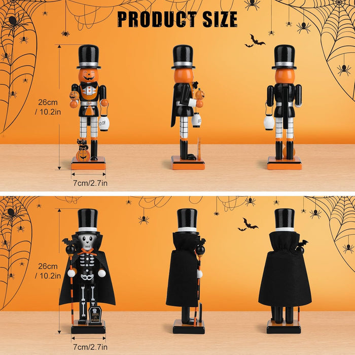 10" Halloween Decorative Nutcrackers, 2 Skeleton, Pumpkin Handmade Wooden Puppet Figures, Collectible Festive Present Figurine Shelves Tables Decorations