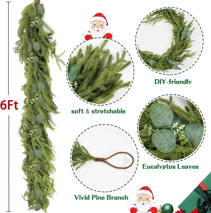 Waipfaru Christmas Norfolk Pine Garland with Lights，6FT Real Touch Pine Garland Christmas Decoration，Artificial Faux Cedar Garland for Christmas Table Fireplace Mentle Wall Home Decoration