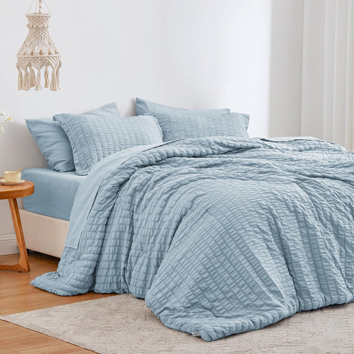 Love's cabin Seersucker Dark Grey Queen Comforter Set 7 Pieces, All Season Bedding Set, Queen Bed in a Bag Comforter Set with Comforter, Flat Sheet, Fitted Sheet, Pillowcase and Pillow Sham