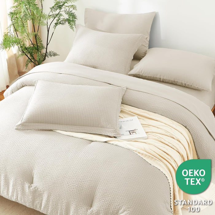 CozyLux Queen Comforter Set Beige - 7 Pieces Striped Seersucker Bed in a Bag, Soft Lightweight Boho Bedding Set with All Season Comforters Queen Size, Sheets, Pillowcases & Shams