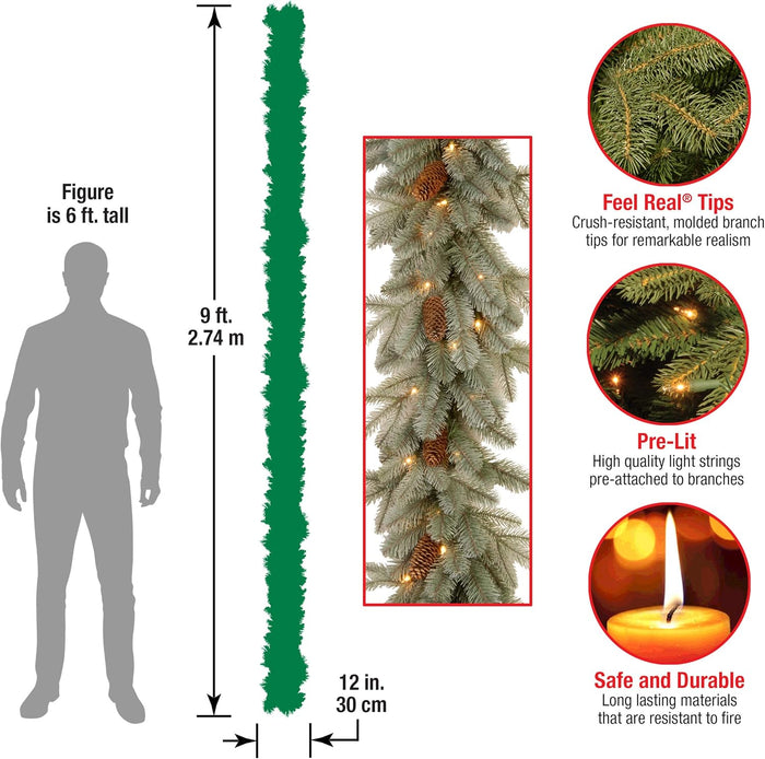 National Tree Company Pre-Lit 'Feel Real' Artificial Christmas Garland, Green, Arctic Spruce, White Lights, Decorated With Pine Cones, Plug In, Christmas Collection, 9 Feet