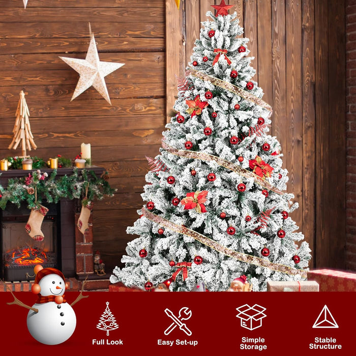 Bonnlo 7.5 ft Unlit Snow Flocked Hinged Artificial Christmas Pine Tree Full 1450 Tips Branch w/Sturdy Metal Stand for Holiday Xmas Indoor and Outdoor Decoration