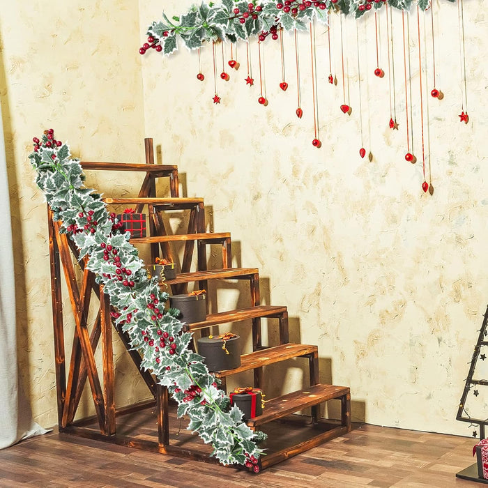 Whaline 2Pcs Christmas Artificial Garlands, 15.7Ft Xmas Berry Holly Leaves Garland Faux Greenery Garlands Winter Snowy Red Berries Hanging Vine for Wedding Party Home Decoration