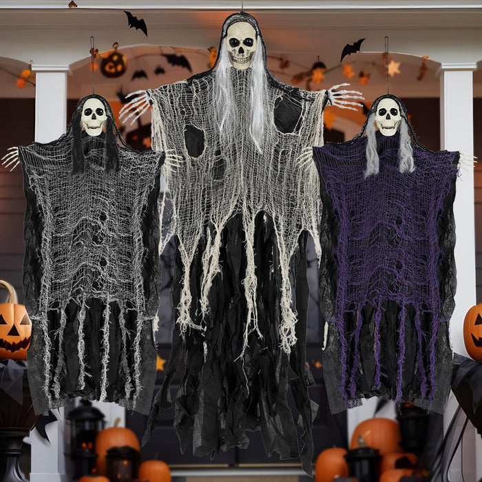 Halloween Decorations Outdoor/Indoor,Set of 3 Scary Hanging Ghosts,Halloween Grim Reaper Skeleton, Scary Party Decorations,Haunted House Decor for Yard/Lawn/Garden.