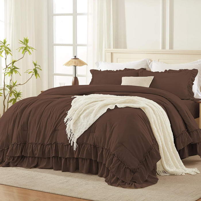 Andency Beige Full Size Comforter Set, 3 Pieces Farmhouse Shabby Chic Ruffle Comforter, Soft Lightweight Fluffy All Season Microfiber Bedding Comforter Set for Kids, Girls, Women