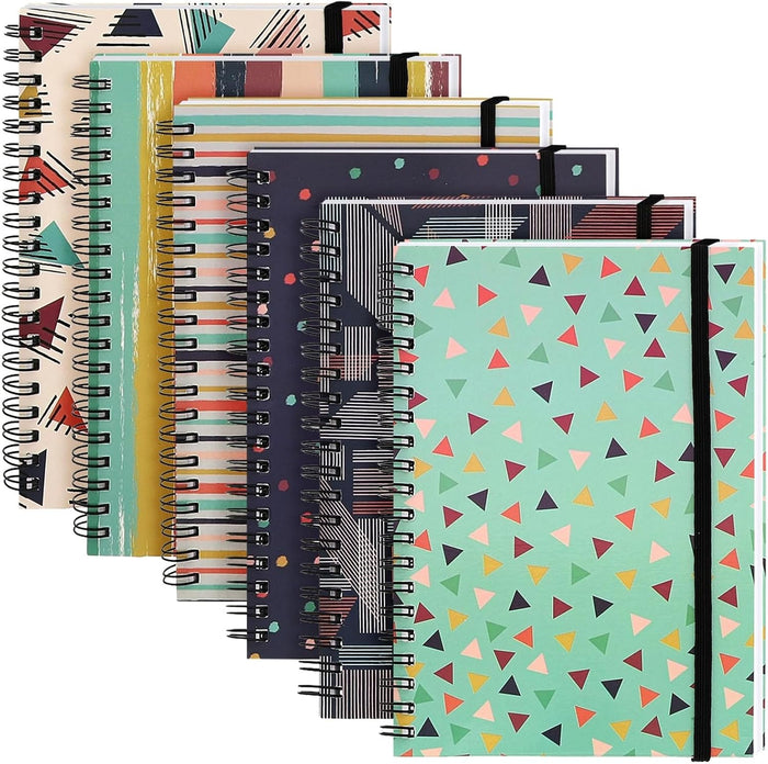 Paper Junkie 6 Pack 5x7 Spiral Notebooks with Pocket - Small Lined Journals with Elastic Closure for School, Work (6 Designs)