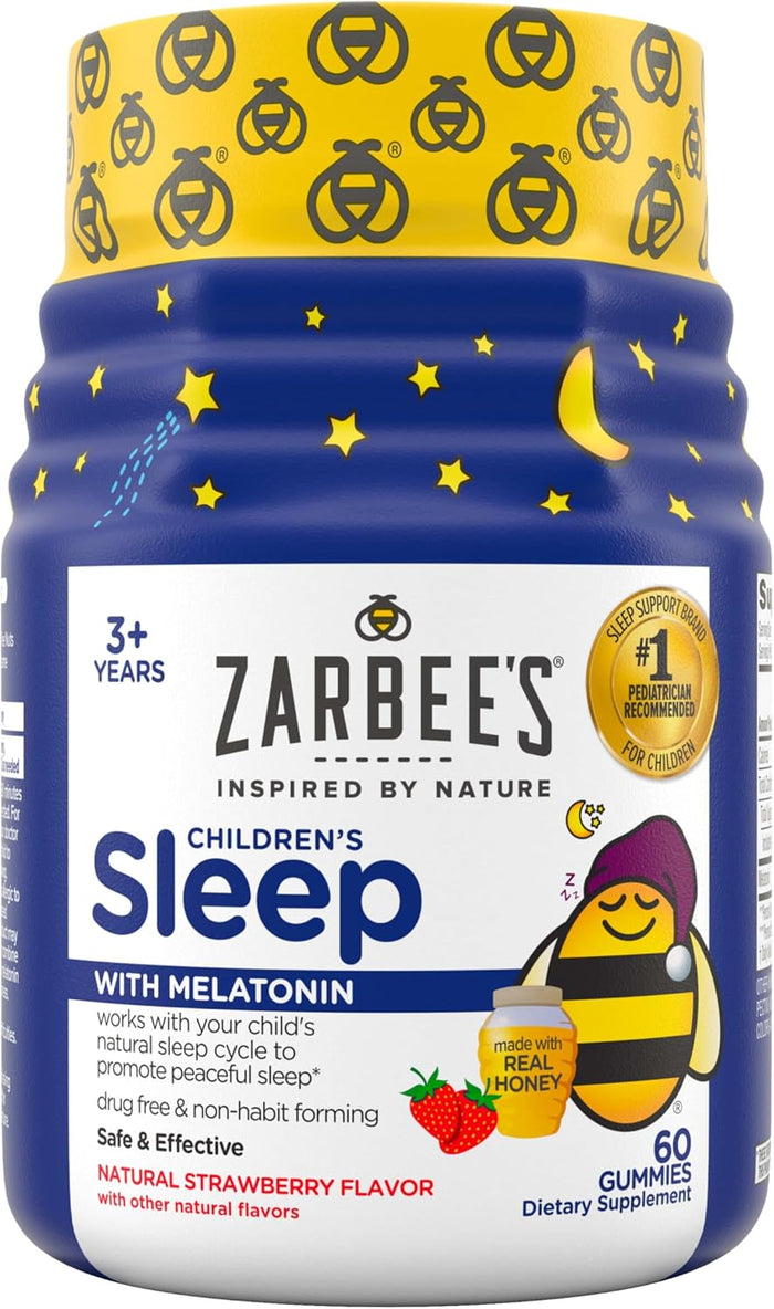 Zarbee's Kids Children’s Sleep Gummies with Melatonin Supplement, Drug-Free Non-Habit Forming, Works with Natural Rest Cycles, Natural Strawberry, Ages 3+, 60 Gummies