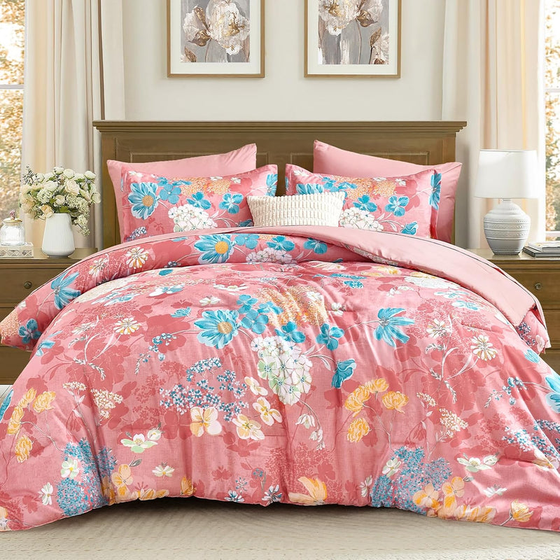 Yiran Black Red Fall Floral Comforter Set Queen Size, 7 Piece Comforter Bedding Set, Botanical Bed in a Bag, Soft Microfiber Complete Bedding Set with Sheets for All Season