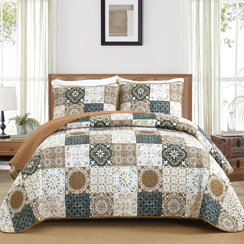 Dobuyly Grey Black Quilt Set Queen Size, Boho Plaid Patchwork Bedspreads Coverlet Set, 3 Pieces Soft Lightweight Microfiber Farmhouse Quilt Bedding Set for All Seasons 96"x90"
