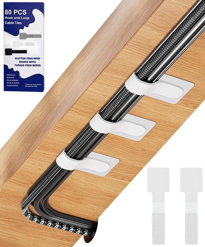 80PCS Hook and Loop Cable Ties, Hook and Loop Cable Straps, Under Desk Cable Management, Adhesive Cable Clips, Sticky-Back Cord Organizer for Desk, Household & Office Organization (White+Gray)