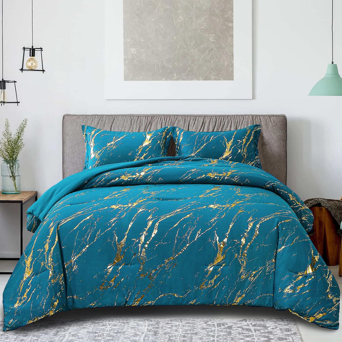 WONGS BEDDING White Gold Metallic Marble Comforter Set Queen Foil Print Glitter Bedding Sets with 2 Pillowcases for All Seasons, Soft Microfiber Filling Bedding Duvet Set 90"x90"