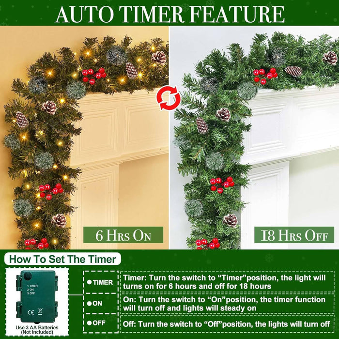 Timer - 9Ft by 10 Inch Prelit Christmas Garland Decoration with 50 Warm White LED Battery Operated Lighted Garland, 200 Branches 20 Canyon Pine Berry Pinecone, Xmas Stair Home Fireplace Outdoor Indoor