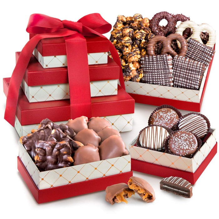 A Gift Inside Holiday Classic Chocolate, Candy & Crunch Gift Basket With Handmade Chocolates, Ghirardelli, Caramel Corn for Gourmet Christmas Food Gift