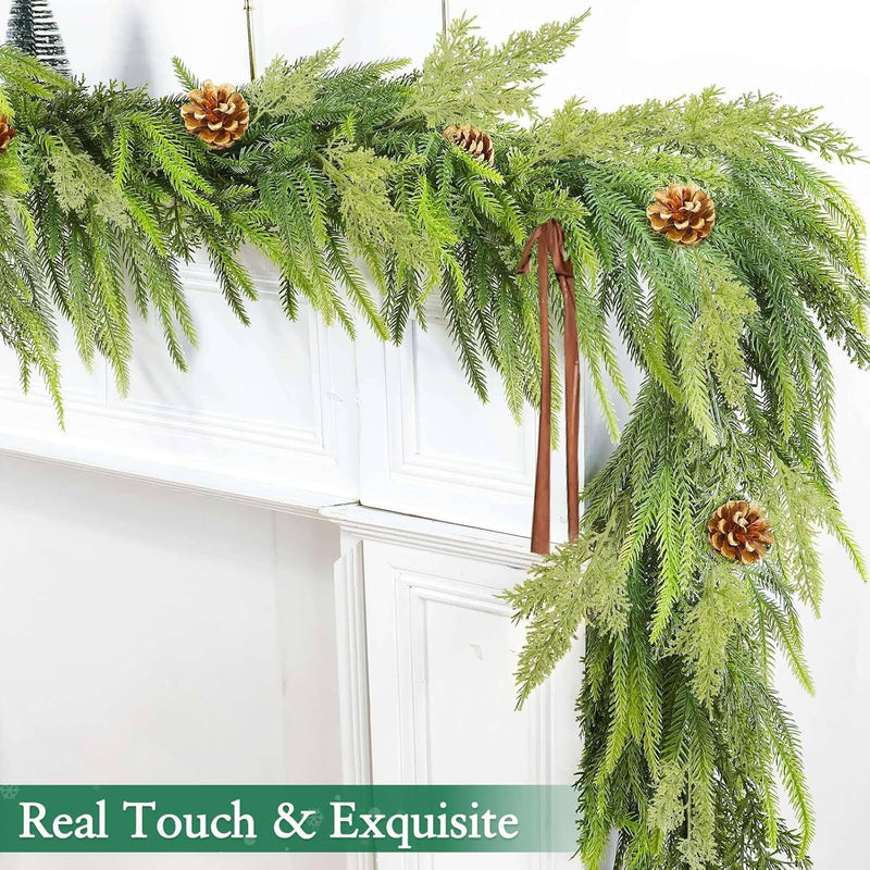 6FT Christmas Norfolk Pine Garland, Real Touch Greenery Cypress Garland with 80 Norfolk & 20 Cypress Leaves 8 Pinecones for Xmas Decorations Outdoor Table Fireplace Holiday Home