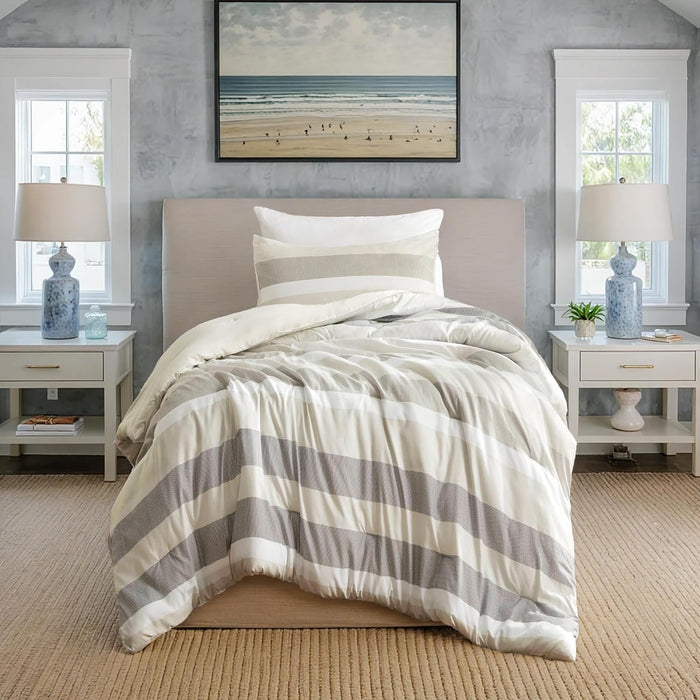Queen Comforter Set, 3 Pieces Striped Bed Set, Soft Brushed Microfiber Reversible Bedding Set for All Season, Lightweight & Breathable Bedding Set with Comforter & Shams, Neutral