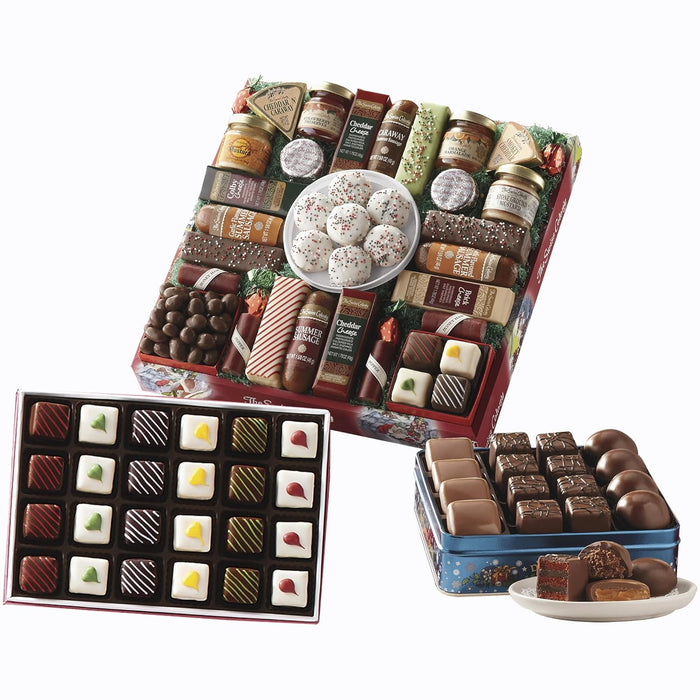 The Swiss Colony 27 Favorites Food Gift Set, Summer Sausage Meats and Cheeses, Assorted Chocolates, Candies, Petits Fours, Cheese & Charcuterie Board Gifts Basket, Holiday, Christmas - Holiday Red Box
