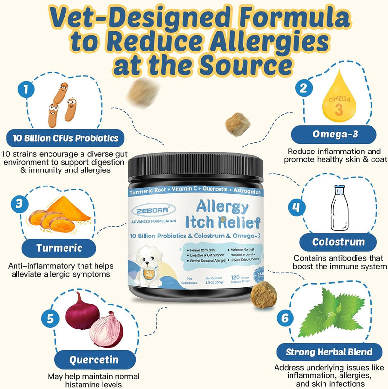 Dog Allergy Relief Chews, with Probiotics, Omega 3, Colostrum - Dog Itching Skin & Ears Relief, Herbal Skin & Coat Supplement, Gut & Immune Support, Hot Spot Treatment, Anti Seasonal Allergies
