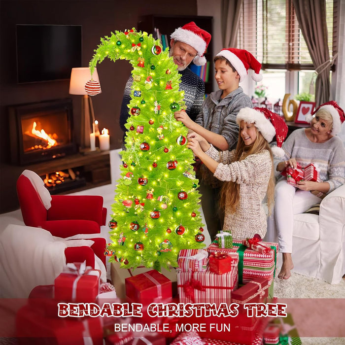 Grinchs Christmas Tree 6FT, Whimsical Bendable Artificial Tree, Lime Green Design with Tree Skirt & Red Ball Ornament, Christmas Decorations Indoors and Outdoors