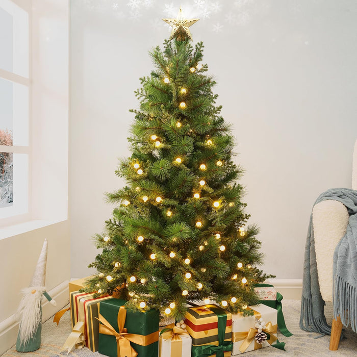 Camden 7.5ft Prelit Artificial Christmas Tree with Foot Pedal, 2755 Branch Tips, 600 Warm Lights and Metal Stand, 58" Wide Realistic Hinged Christmas Tree with Lights by Naomi Home