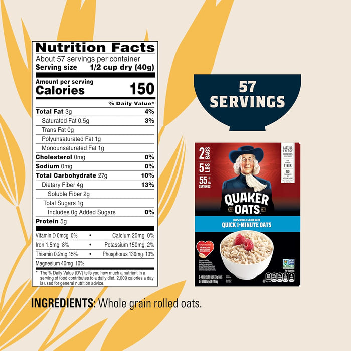 Quaker Quick 1-Minute Oatmeal, Non GMO Project Verified, 2.5 Pound (Pack of 2)