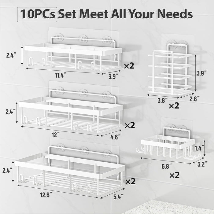 10 Pack Shower Caddy Organizer Rack Shelf for Inside Shower, Self Adhesive Wall Storage Basket Rustproof Stainless Steel Shampoo Holder Bathroom Accessory Decor Set, White