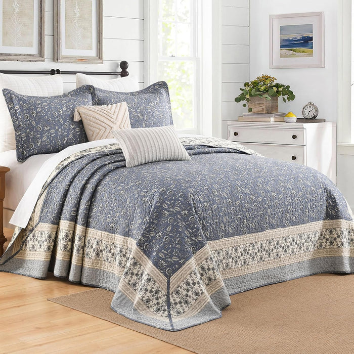 100% Cotton Oversized Quilt 120"x120", Extra Large King Bedspread, Farmhouse Botanical Bed Spreads Coverlet, Lightweight Quilted Bedding Cover, 3 Piece, Grayish Blue/Beige