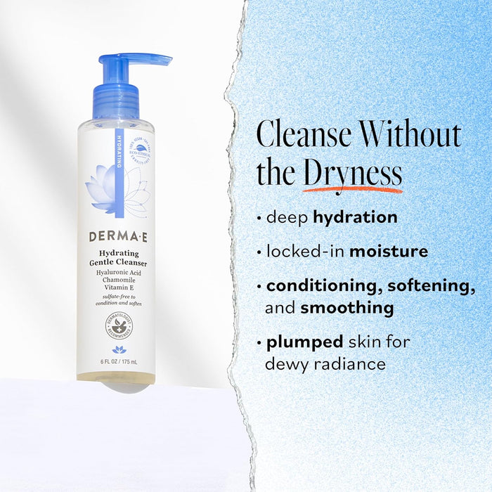 Derma E Hydrating Gentle Cleanser with Hyaluronic Acid – Moisturizing Facial Cleanser Tones, Moisturizes & Improves Skin Texture – Gently Exfoliating Face Wash, 6 fl oz