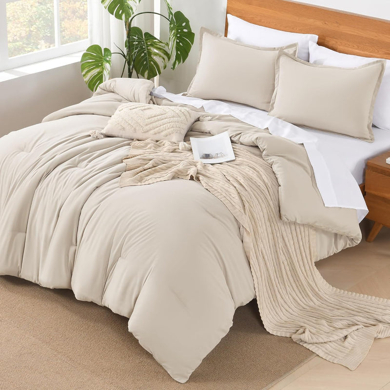 Andency King Size Comforter Set - 7 Pieces Bed in a Bag King Bedding Comforter Sets Oatmeal, Winter Solid Soft Lightweight Comforter with Fitted Sheets, Flat Sheets, Pillowcases & Shams