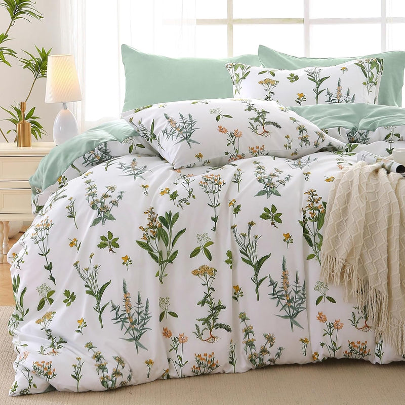 MUXHOMO Bed in a Bag Queen 7 Pieces, Sage Green Queen Comforter Set Reversible Botanical Flowers Design, Ultra Soft & Breathable Bedding Sets with Comforter, Sheets, Pillowcases & Shams