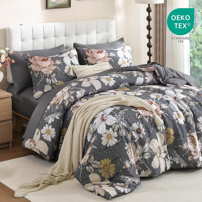 Luxudecor Queen Comforter Set 7 Pieces Bedding Sets,Gray Floral Comforter and Sheet Set,Soft Microfiber Bed in a Bag for All Seasons (Gray,90"x90")
