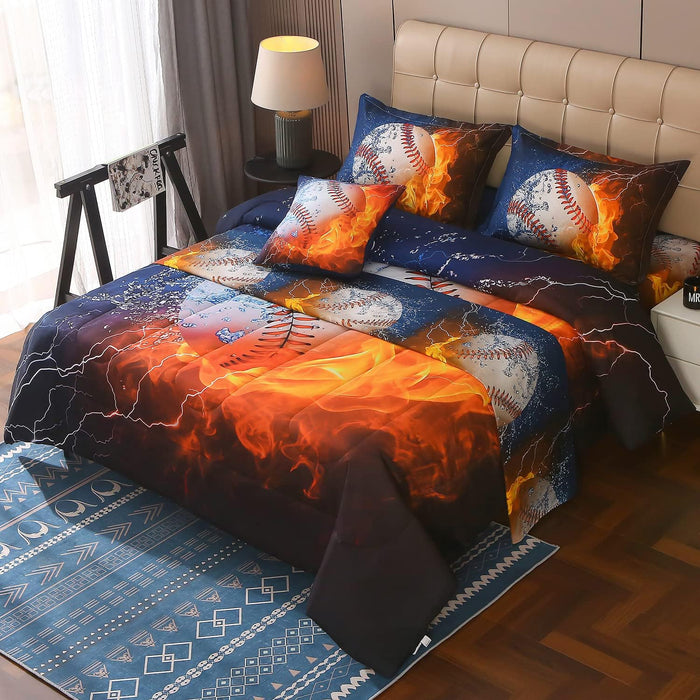 JQinHome Twin Baseball and Fire Comforter Sets for Boys,6 Piece Bed in A Bag 3D Sport Themed Bedding -All Season Soft Microfiber Bedding Sets with Pillowcase, Flat Sheet, Fitted Sheet,Cushion Cover
