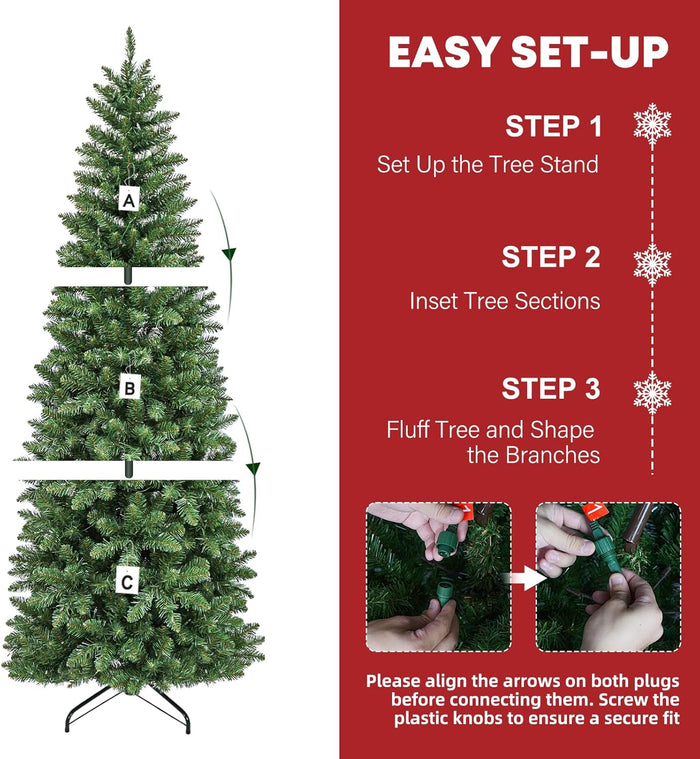 Hykolity 6ft Prelit Pencil Slim Christmas Tree with 200 Color Changing LED Lights, 544 Branch Tips, Metal Stand and Hinged Branches, 10 Color Modes