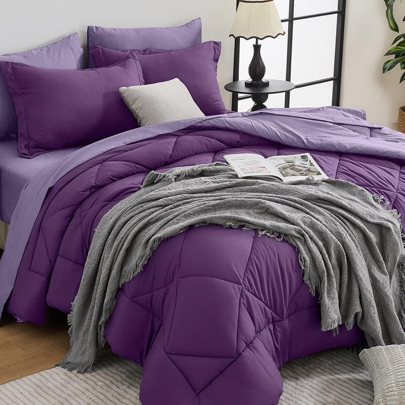 HEVUMYI 7 Pieces Queen Comforter Set, All Season Reversible Bed in a Bag Queen, Ultra Soft Queen Bedding Set with Grey Comforter, Flat Sheet, Fitted Sheet, Pillowcases, Pillow Shams, Dark Grey