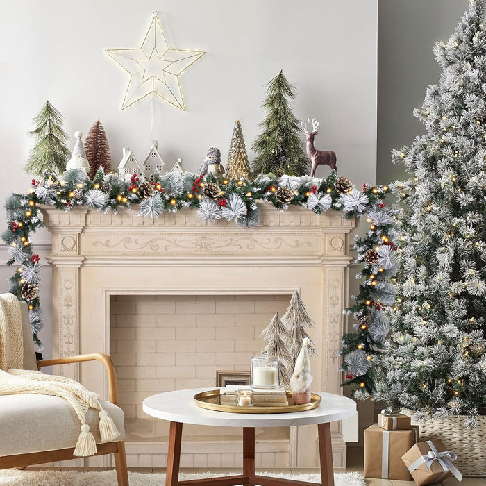 HOHOTIME 9ft Christmas Garland with Lights, Artificial Prelit Pine Garland with Snow Berry Pine Cone for Mantle Xmas Decor, Christmas Decorations for Stairs Railing Fireplace Window Indoor Outdoor