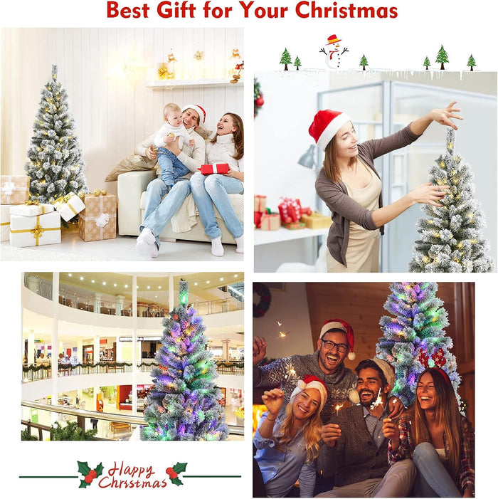 DORTALA Pre-lit Christmas Tree, 5FT Snow Flocked Pine Artificial Xmas Tree with Remote Control, 279 Branch Tips, 140 LED Lights, 9 Lighting Modes, Foldable Metal Stand, White
