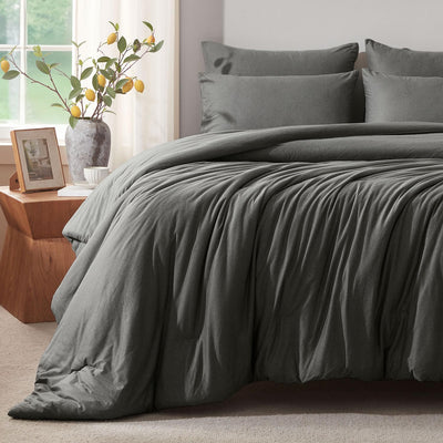 Queen Comforter Set, Comforters Queen Size Luxury Ultra-Soft Jersey Knit Bedding Sets, Dark Grey Lightweight Down Alternative Bed Comforte Queen for All Season, 3 Piece Bedding Setrey