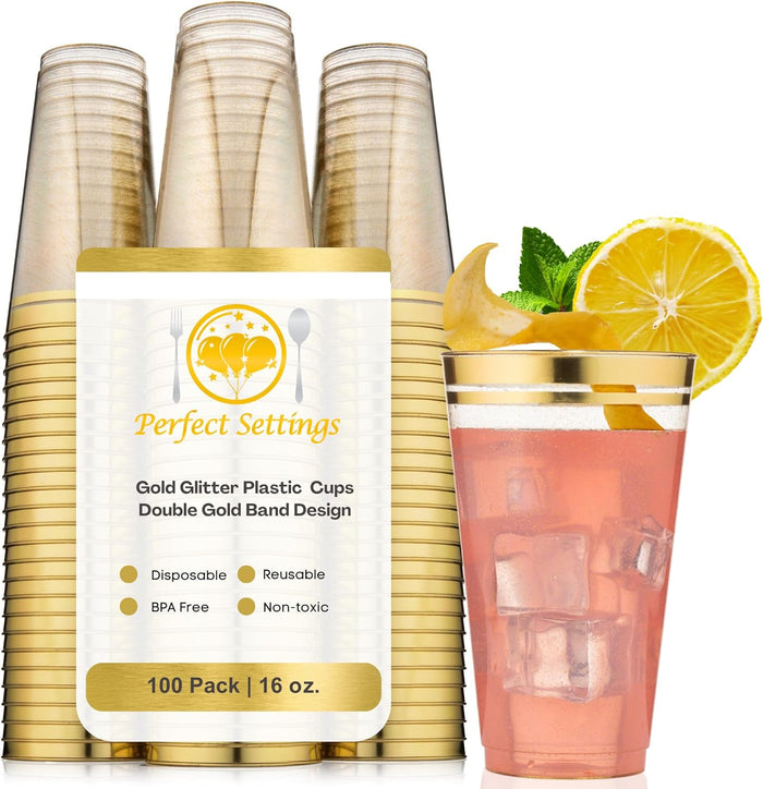 Perfect Settings Gold Rimmed Disposable Plastic Cups, Clear Hard Plastic Drinking Glasses for Cold Beverages & Cocktails, BPA-FREE, Disposable Wedding Cups, 16 oz. (Pack of 100)