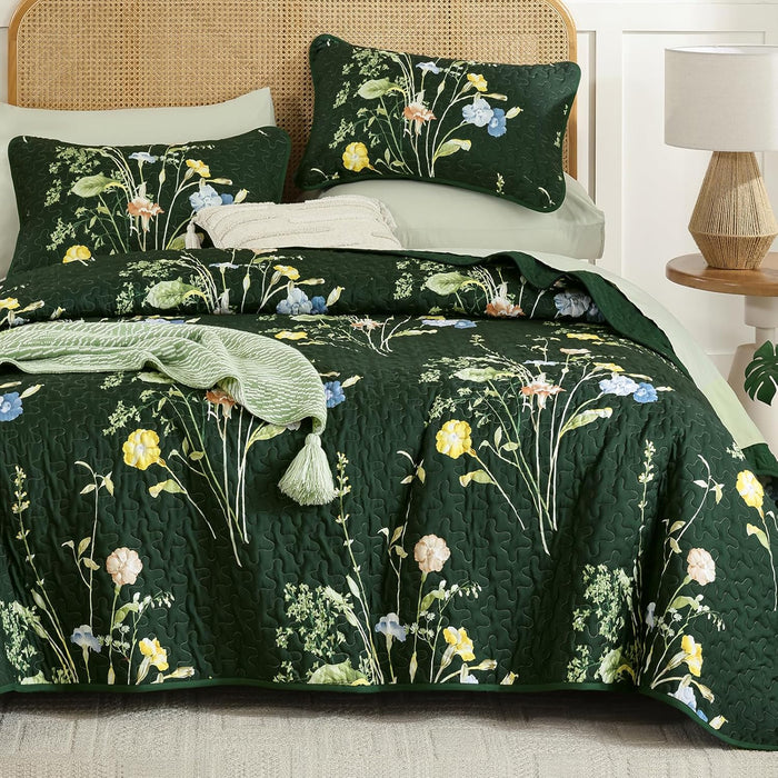 WONGS BEDDING 3 Pieces Quilt Set Queen Size, Purple Floral Botanical Plants Pattern Bedspread Coverlet Set with 2 Pillowcases, Soft Lightweight Microfiber Bedding Set for All Season(96"×90")