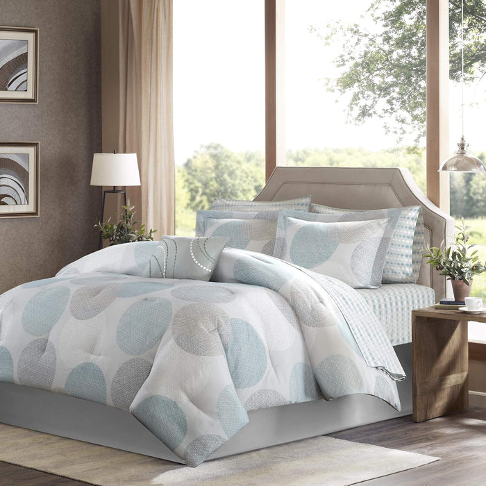 Madison Park Essentials Queen Comforter Set, Bed in a Bag Queen, Watercolor Print Coastal Comforter & Chambray Cotton Sheet Set, All Season Bedding Set, Saben, Aqua Queen (90 in x 90 in) 9 Piece
