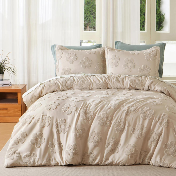 Joiedomi Tufted Queen Comforter Set, 3 Pieces Beige Boho Queen Bedding Set with 1 Plaid Geometric Comforter and 2 Pillow Shams, Checkered Bed in a Bag for All Seasons
