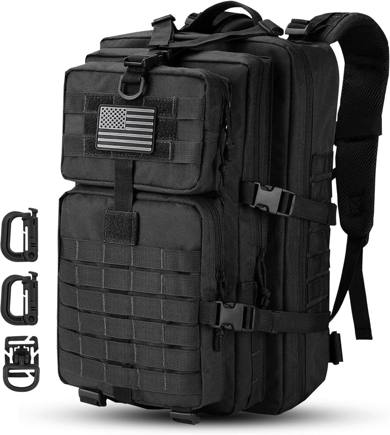 MOLLE Assault Backpack, Tactical Backpack Military Army Camping Rucksack, 3-Day Pack Trip w/USA Flag Patch, D-Rings, Black