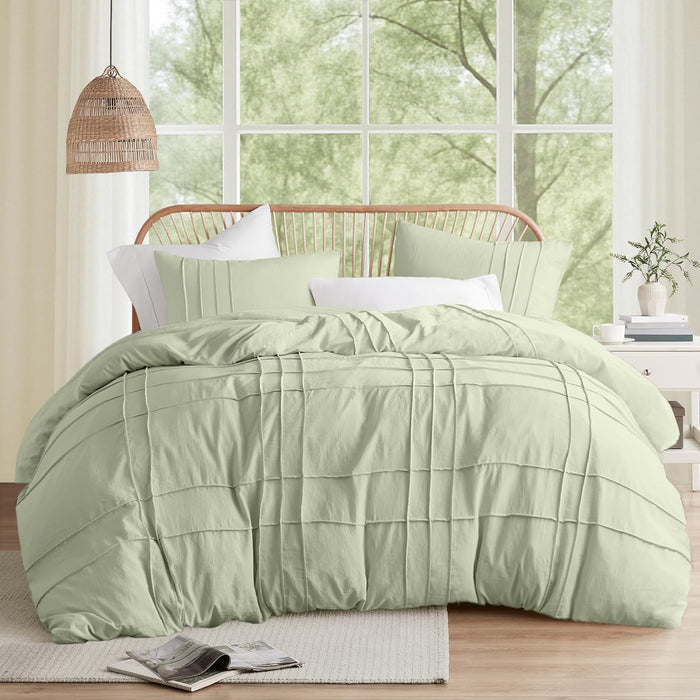 Comfort Spaces Cream Queen Size Comforter Set - 3 Pieces Pintuck Pleated Bedding Sets, All Season Lightweight, Extra Softness Pre-Washed Microfiber Queen Bed Set, Shams