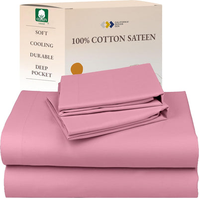 California Design Den Full Size Sheets Set - Natural 100% Cotton Bed Sheets, Soft Sateen Weave, Fully Elasticized Deep Pockets, Breathable, Cooling and Durable Bedding - Doll Pink
