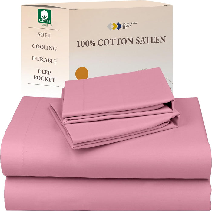 California Design Den Full Size Sheets Set - Natural 100% Cotton Bed Sheets, Soft Sateen Weave, Fully Elasticized Deep Pockets, Breathable, Cooling and Durable Bedding - Doll Pink